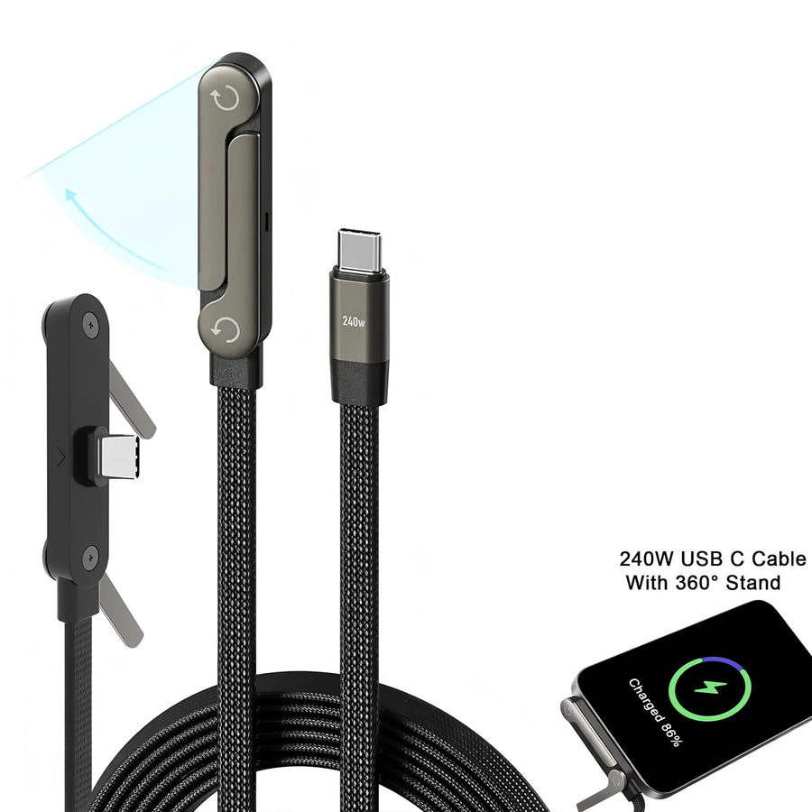 240W USB-C fast charging cable – 240W cable with 360-degree stand on white background