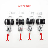 Four DJI Agras spray drone transport fixing clips with black rubber rollers, silver metal brackets and red handles arranged in a row on white background