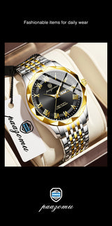 Men's minimalist quartz leisure watch – luxury watch with gold and silver band on white background, brand 'paazoma'