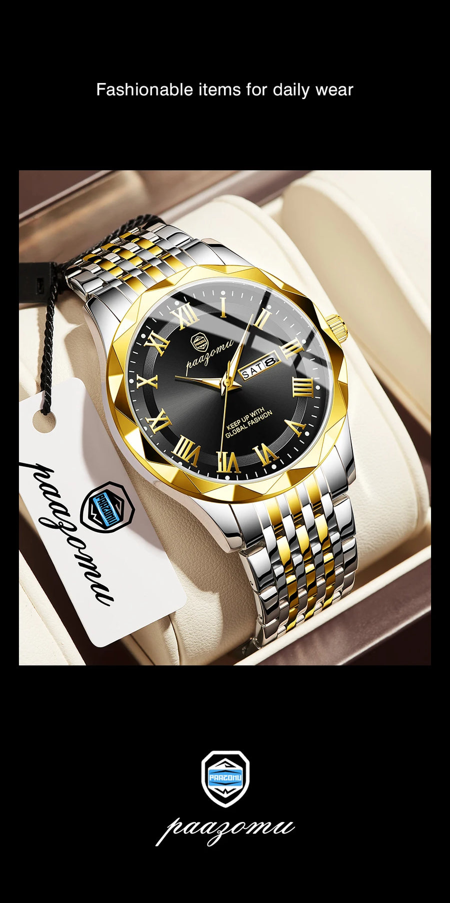 Men's minimalist quartz leisure watch – luxury watch with gold and silver band on white background, brand 'paazoma'