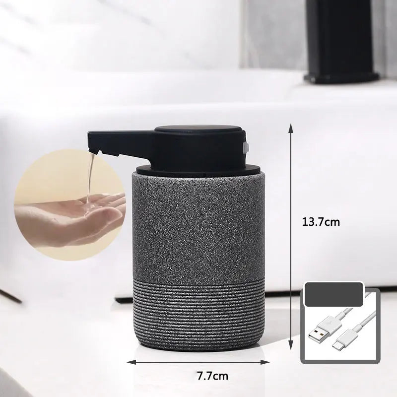 Black touchless automatic soap dispenser with infrared sensor – textured design, dimensions shown, USB cable included