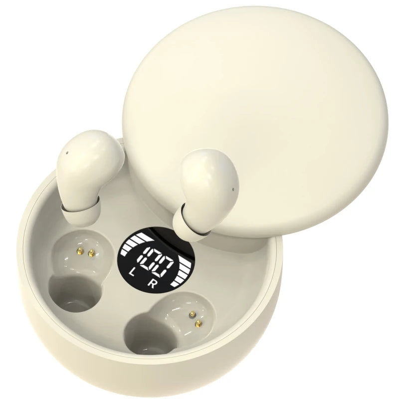 Beige SK26 Bluetooth 5.4 wireless earbuds in open charging case with digital battery display