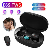 Black E6S TWS true wireless earbuds in open charging case with LED battery display, HiFi stereo, compatible with Windows iOS and Android