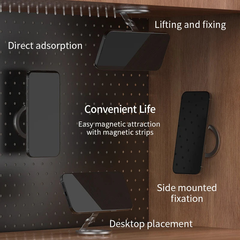 Double-sided MagSafe phone holder on desk with text describing different mounting options