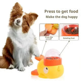 Interactive treat dispensing duck chew toy for dogs, press to release treats