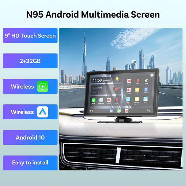 OTTOCAST CarPlay Screen 9.0" INCH 4K Car Touch Screen Wireless Carplay Android Auto Radio DVR GPS Video Built-in Youtube Netflix