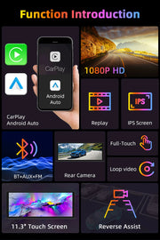 Overview of Vtopek Carplay screen features, including 1080P HD, full-touch display, and reverse assist functionality.