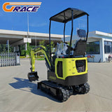 1.8 ton mini excavator – front view of yellow and black crawler digger with operator canopy