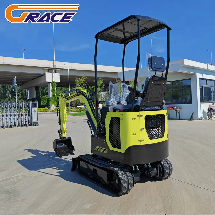 1.8 ton mini excavator – front view of yellow and black crawler digger with operator canopy