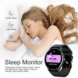Woman sleeping with smartwatch displaying sleep monitor features on white background