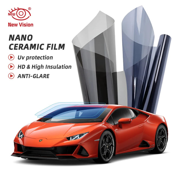 High heat resistant car window tint showing UV protection, anti-glare features, and high insulation on a sports car.
