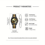 Product parameters of a watch with gold and black design on a white background