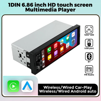 1-DIN Car Stereo with 6.86" Touch Screen – Wireless CarPlay & Android Auto