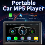 Portable car MP5 player featuring CarPlay, Android Auto, and Mirror Link functionality.