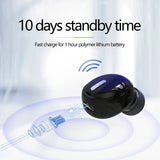 Black wireless earbud with charging cable and text about standby time and battery charging on a light background