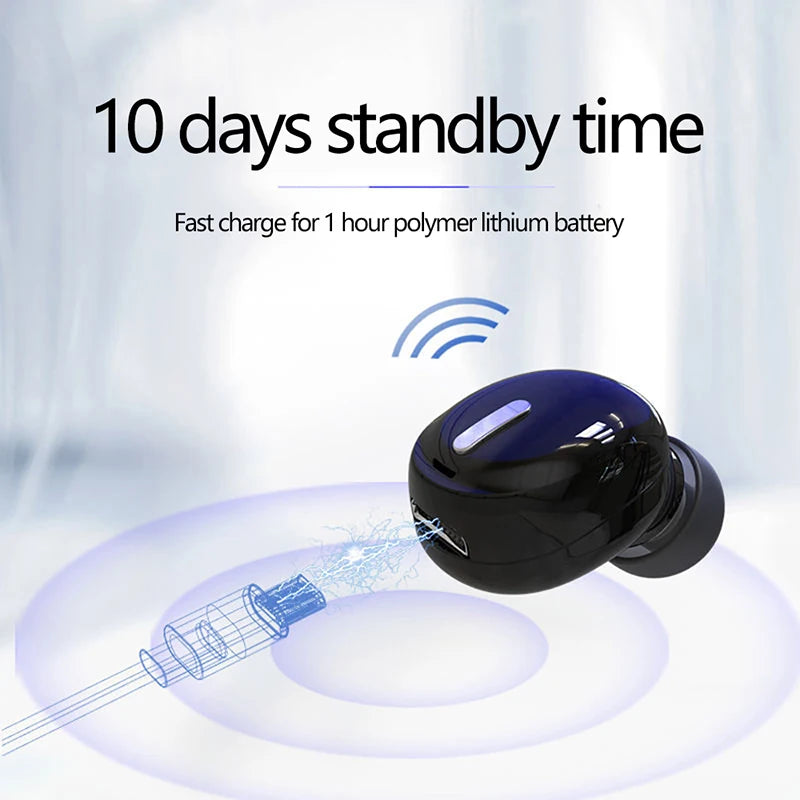 Black wireless earbud with charging cable and text about standby time and battery charging on a light background