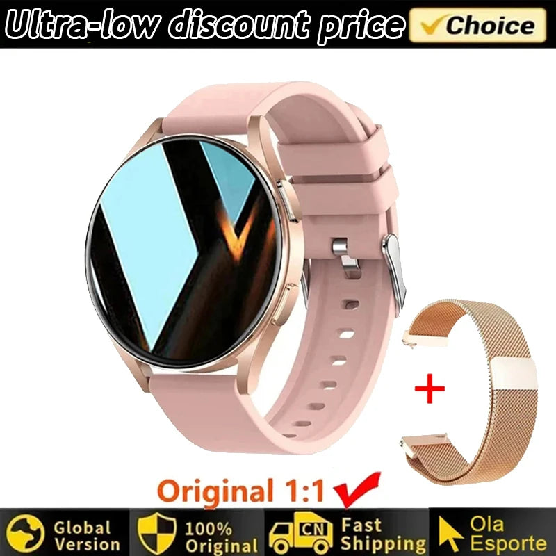 Women's Smart Watch 6 with pink band and additional gold mesh band on white background