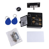 Complete hidden RFID electronic drawer lock kit with lock body, batteries, blue key fobs, IC card, latch bolt and screws