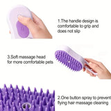 Purple pet steam brush with text highlighting features on white background – 3-in-1 deshedding grooming comb with steam spray
