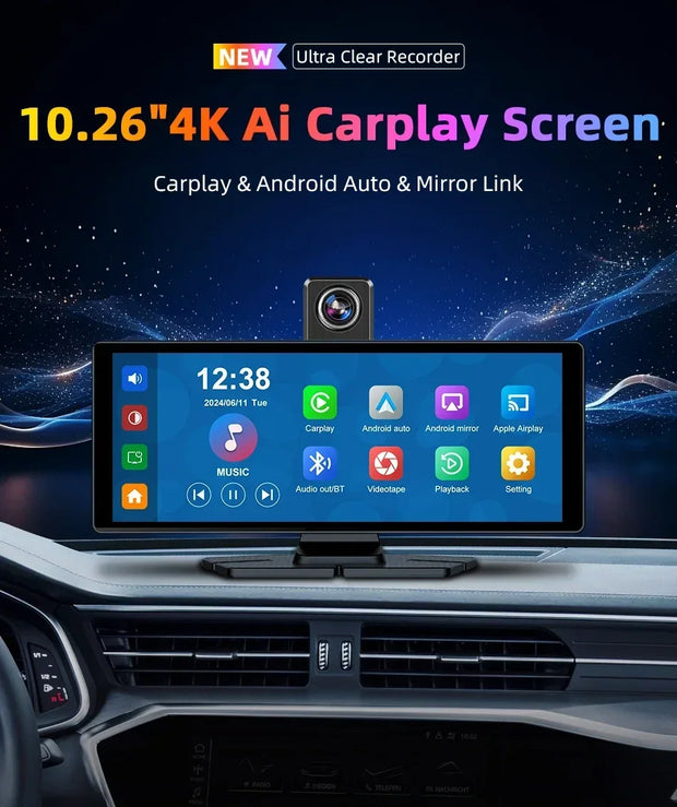 10.26'' Universal Portable Carplay Car Screen Wireless Carplay Screen Wireless Car Stereo Carplay Android Auto Car Touchscreen