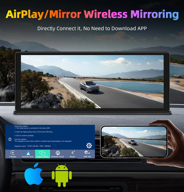 Vtopek Carplay screen showcasing AirPlay and Mirror wireless mirroring features with direct connection on the dashboard.