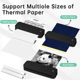 Black thermal printer with various types of thermal paper on a white background — portable A4 wireless Bluetooth inkless mini printer