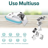 Mini Bluetooth thermal printer with printed photos and icons on wooden surface
