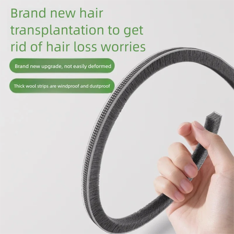 Hand holding a brush door sealing strip with promotional text on a light gray background