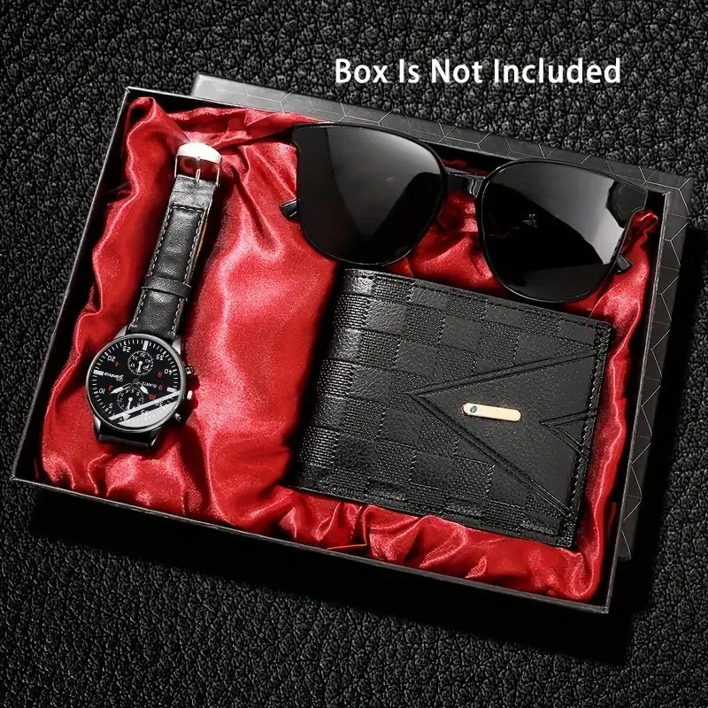 Black watch, black sunglasses, and black wallet on red velvet inside a box with 'Box Is Not Included' text.