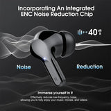 Wireless earbuds with noise reduction feature on a dark background