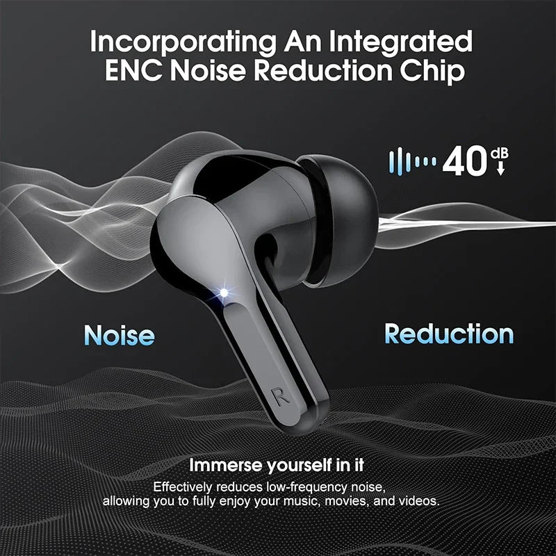 Wireless earbuds with noise reduction feature on a dark background