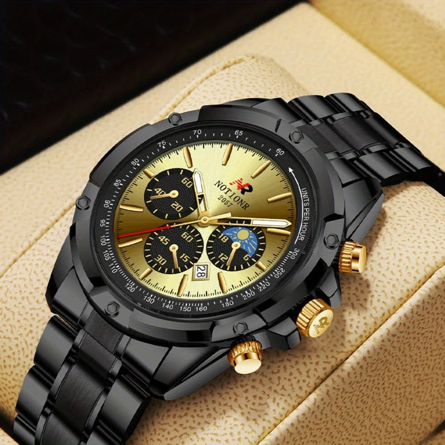 Men's quartz dress watch with gold dial and black alloy band on a beige leather case, featuring the brand 'NOTIONR'.