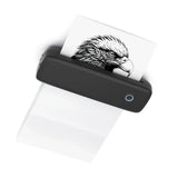 Black portable Bluetooth thermal label printer with printed eagle image on a white background — wireless inkless label maker