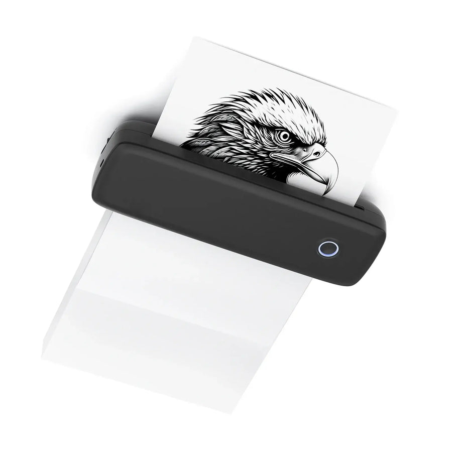 Black portable Bluetooth thermal label printer with printed eagle image on a white background — wireless inkless label maker