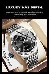 Men's minimalist quartz leisure watch – luxury watch with silver metal strap on white cushion, brand name visible