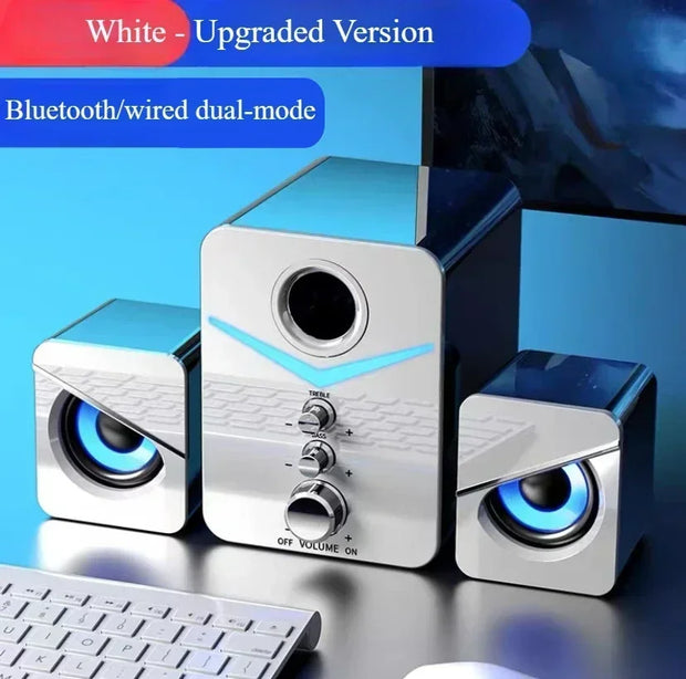 Wired desktop speakers with built-in microphone and HiFi stereo sound in white upgraded version.