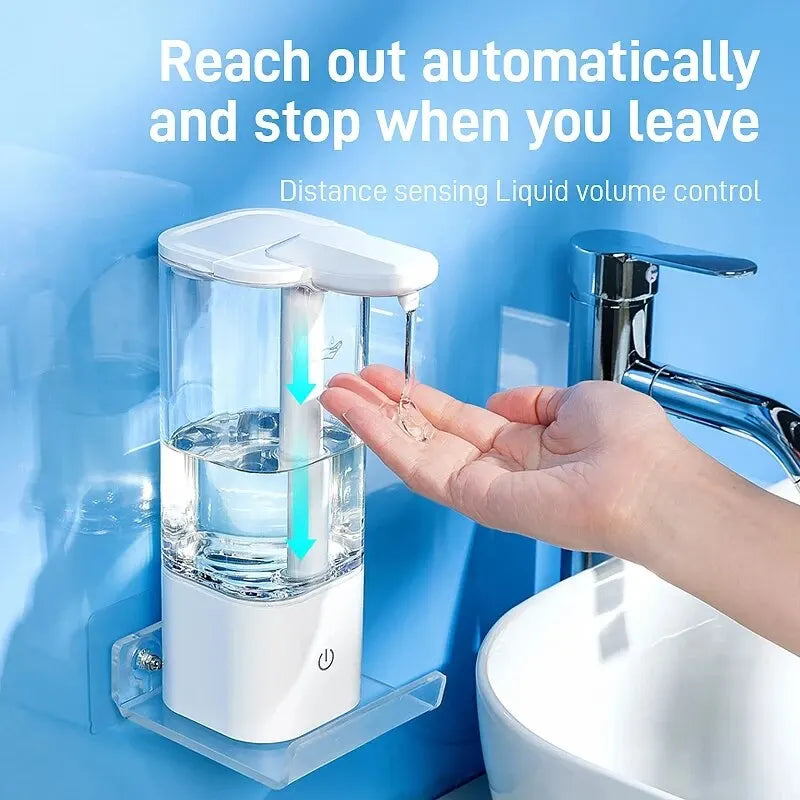 Touchless automatic hand sanitizer dispenser with distance sensing liquid volume control dispensing into a hand by a sink