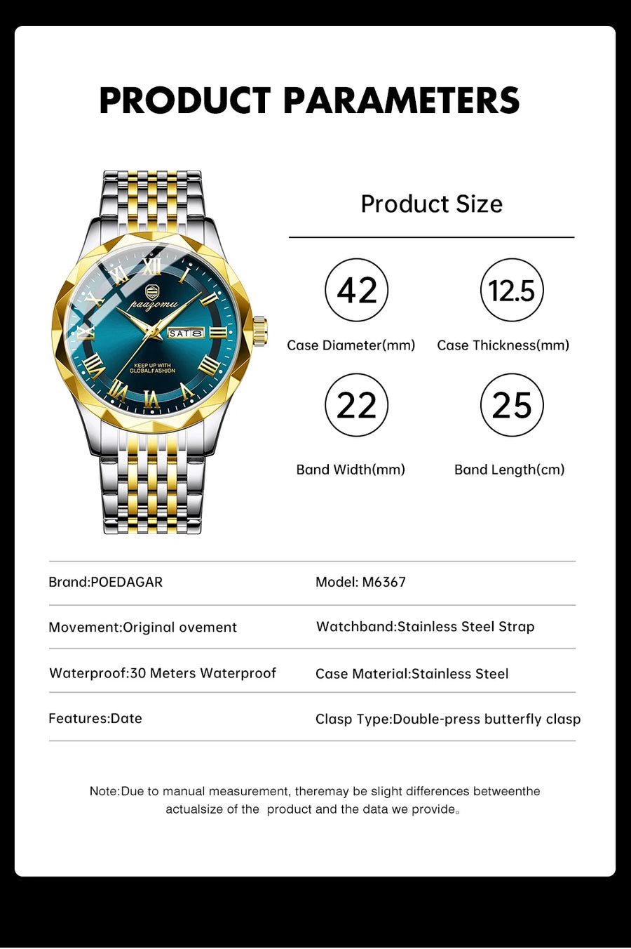 Men's minimalist quartz leisure watch – watch with product parameters on white background