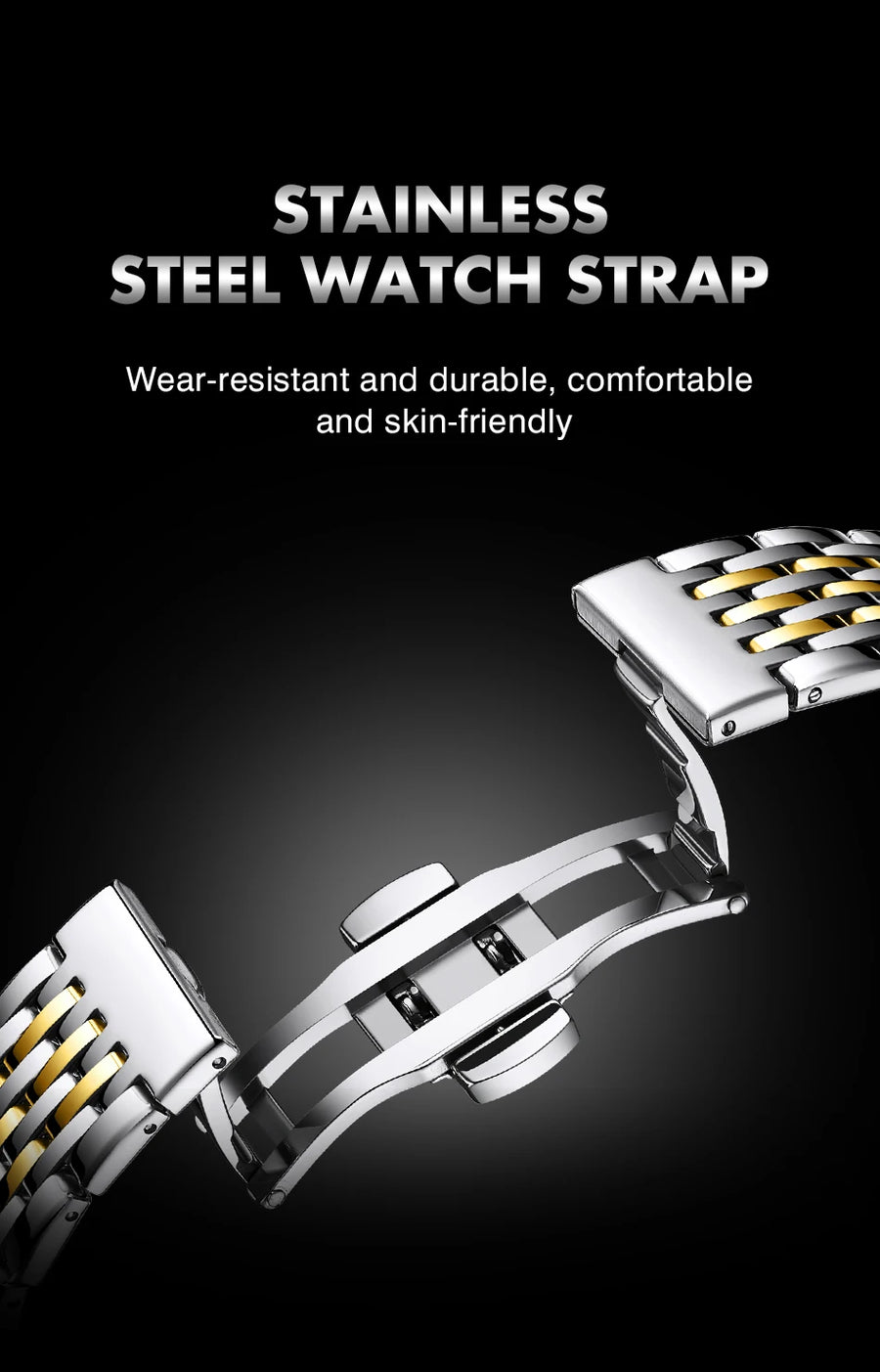 Men's minimalist quartz leisure watch – stainless steel watch strap on black background with text highlighting features