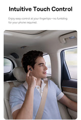 Man using a wireless earbud in a car with text about intuitive touch control.