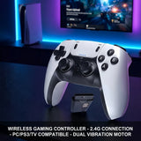 Gaming controller with text about wireless connection and compatibility on a dark background