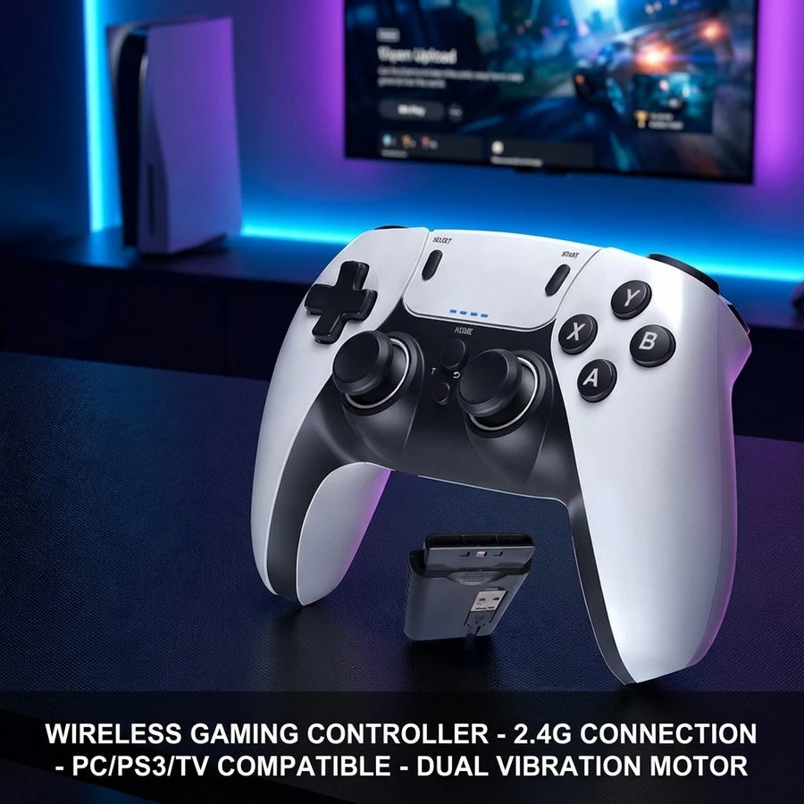 Gaming controller with text about wireless connection and compatibility on a dark background