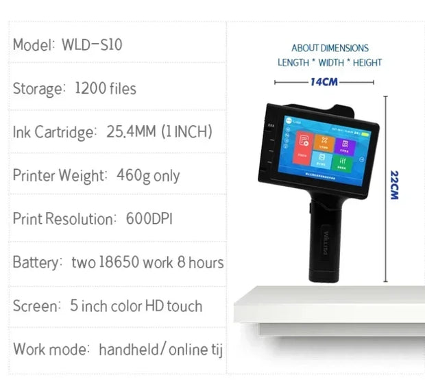 WILLITA 25.4mm Portable Handheld Inkjet Tij Printer Gun For Logo Expiry Date QR Barcode Batch Numbers Label Machine S10