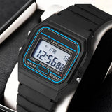Men's LED digital military watch with blue accents and black silicone band in gift box, vintage digital wristwatch.