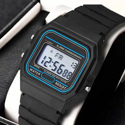 Men's LED digital military watch with blue accents and black silicone band in gift box, vintage digital wristwatch.
