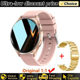 Women's Smart Watch 6 with pink band and gold metal band on white background with promotional text