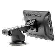 Back view of a 7-inch wireless car stereo with a suction mount, showcasing ports and adjustable angle.