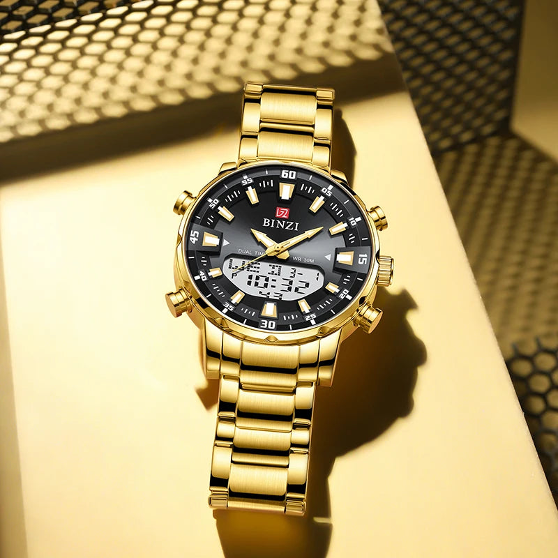 Men's gold stainless steel dual display watch with black dial on a light background — analog digital quartz wrist watch
