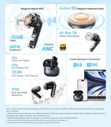In-ear wireless earbuds with feature highlights – active noise cancelling, 50dB ANC, Bluetooth 6.0
