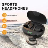 Sports headphones with charging case on a marble surface, featuring text about features.